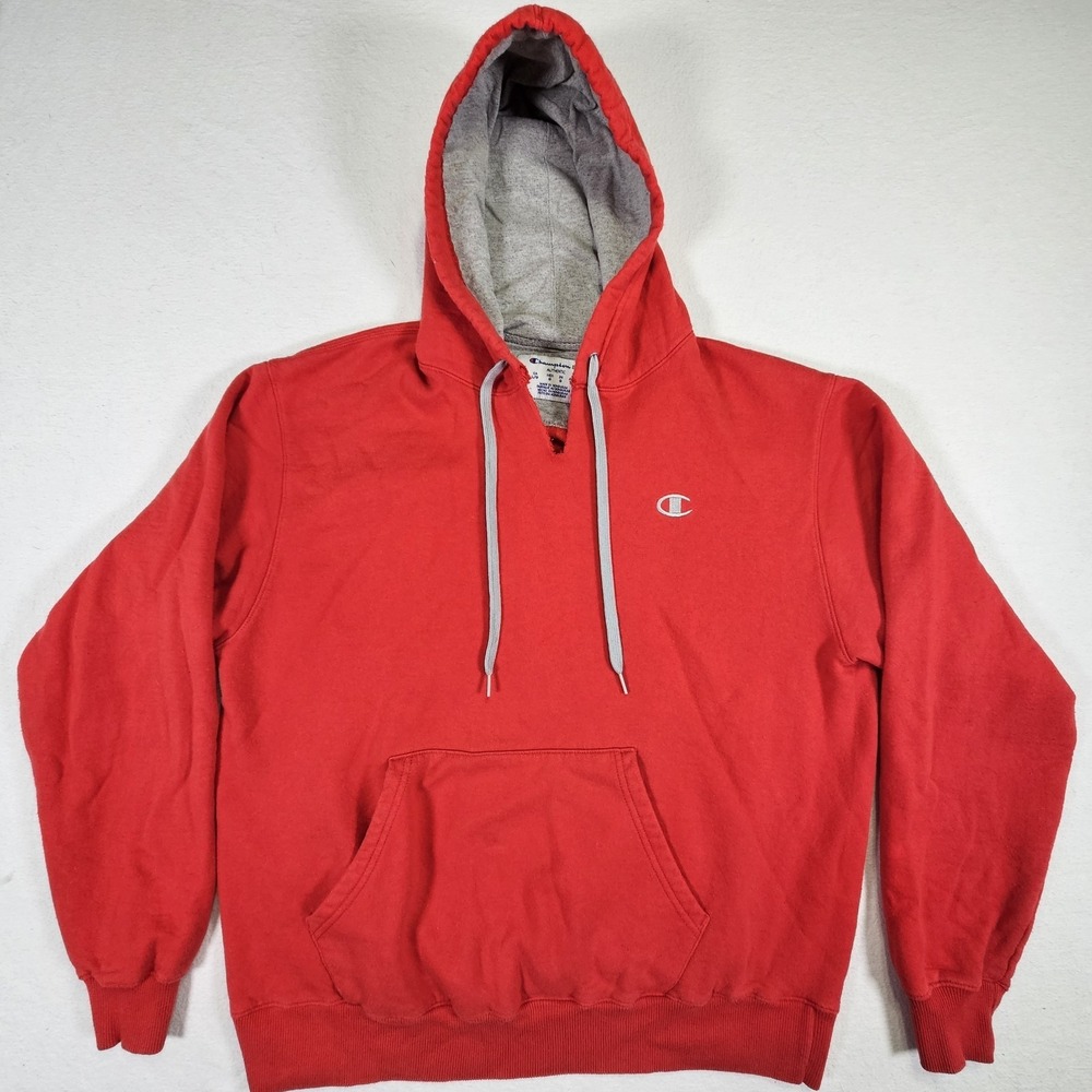 Champion Hoodie Mens L Red Pullover Sweatshirt Drawstring Eco Authentic